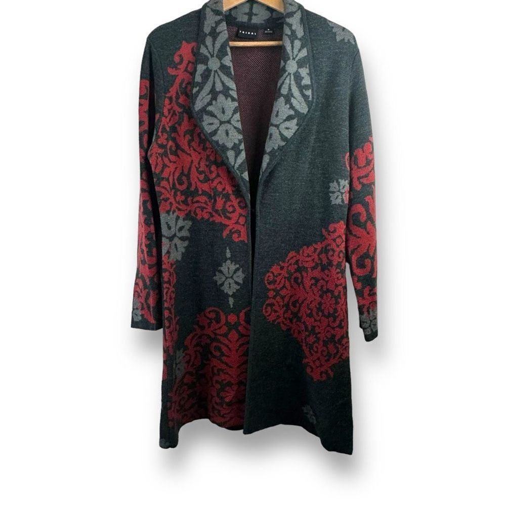 Tribal Women's M Open Front Longline‎ Sweater Coat Gray Red Damask Boho Print